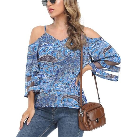 Boho Paisley Printed Mesh Panel 3/4 Bell Sleeve Off Shoulder Flowy‎ Top Blouse - Picture 4 of 5